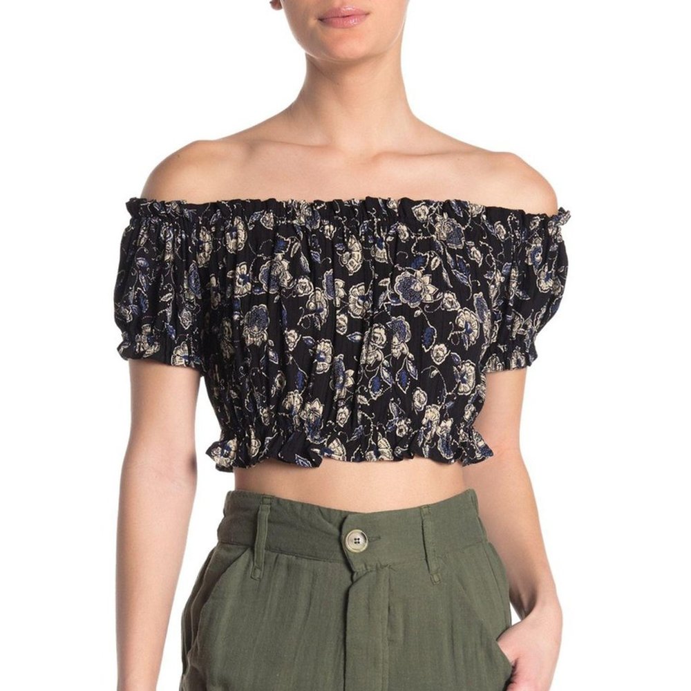 Angie Floral Off Shoulder Crop Top L New Black